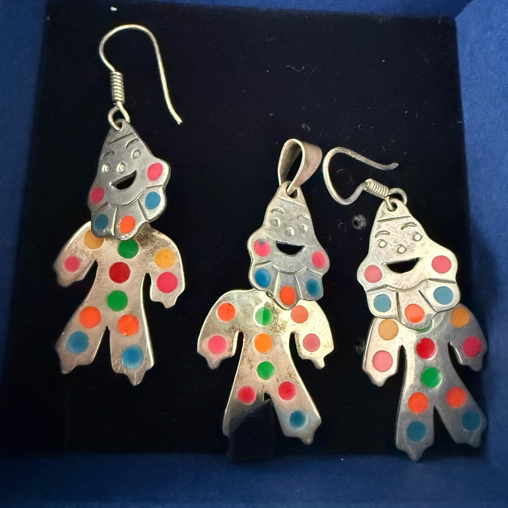 Polka Dot Clown Pendant and Earrings Set - Colorful Enamel